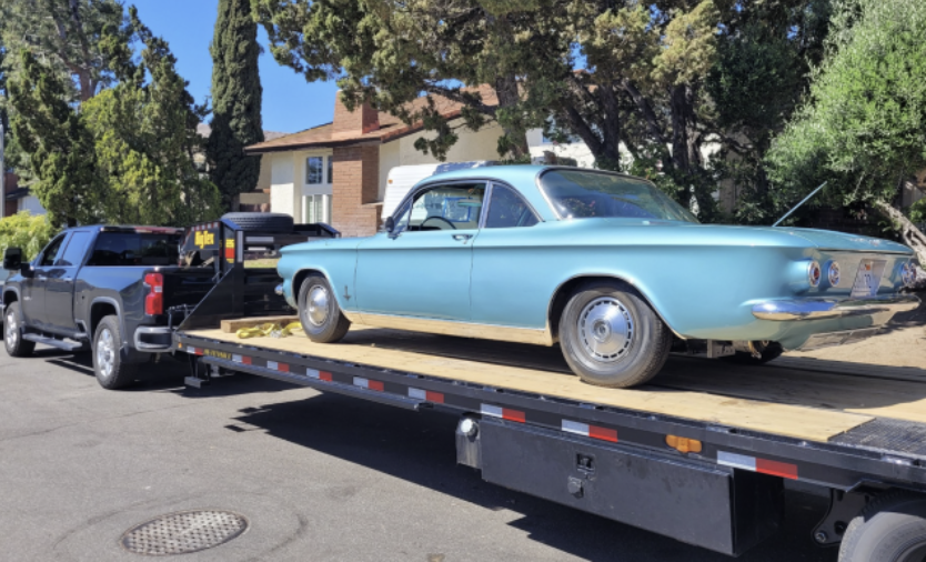 1964 Corvair Monza EV on trailer